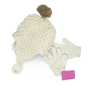 Cream Crochet Winter Hat & Gloves Set Pom Fleece Lined Ski NWT One Size